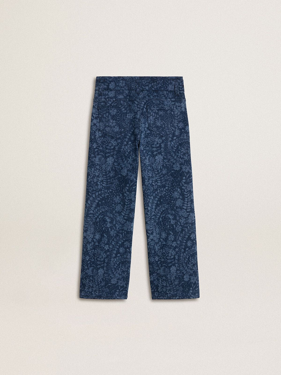 meisjesjeans met wijde pijpen medium wassing en print.