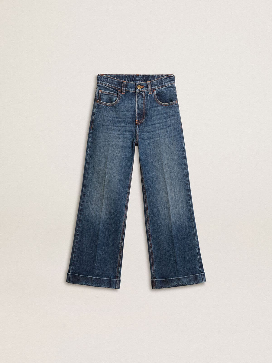 bootcut jeans voor meisjes met een medium wassing en borduurwerk.