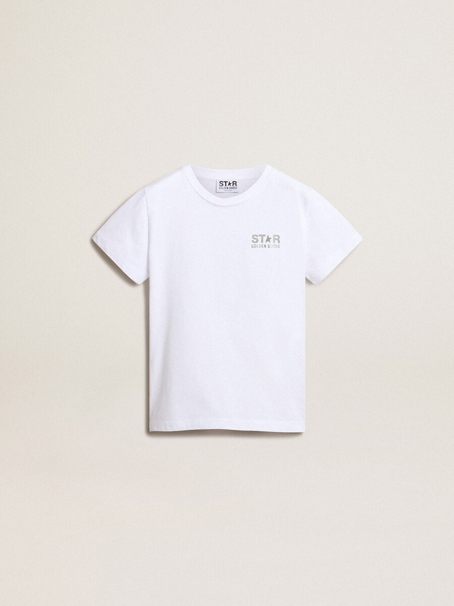 wit t-shirt voor meisjes met contrasterend zilveren logo en ster.