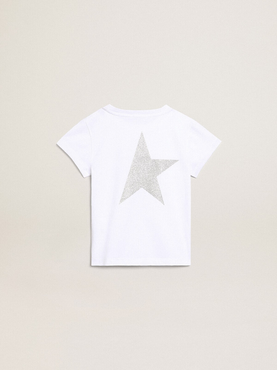 wit en zilverkleurig t-shirt met logo en maxi-ster van zilveren glitter.