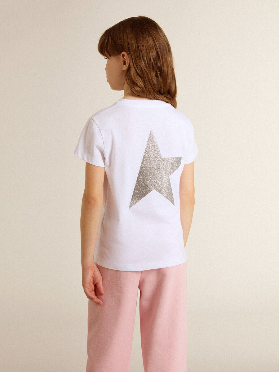 wit en zilverkleurig t-shirt met logo en maxi-ster van zilveren glitter.