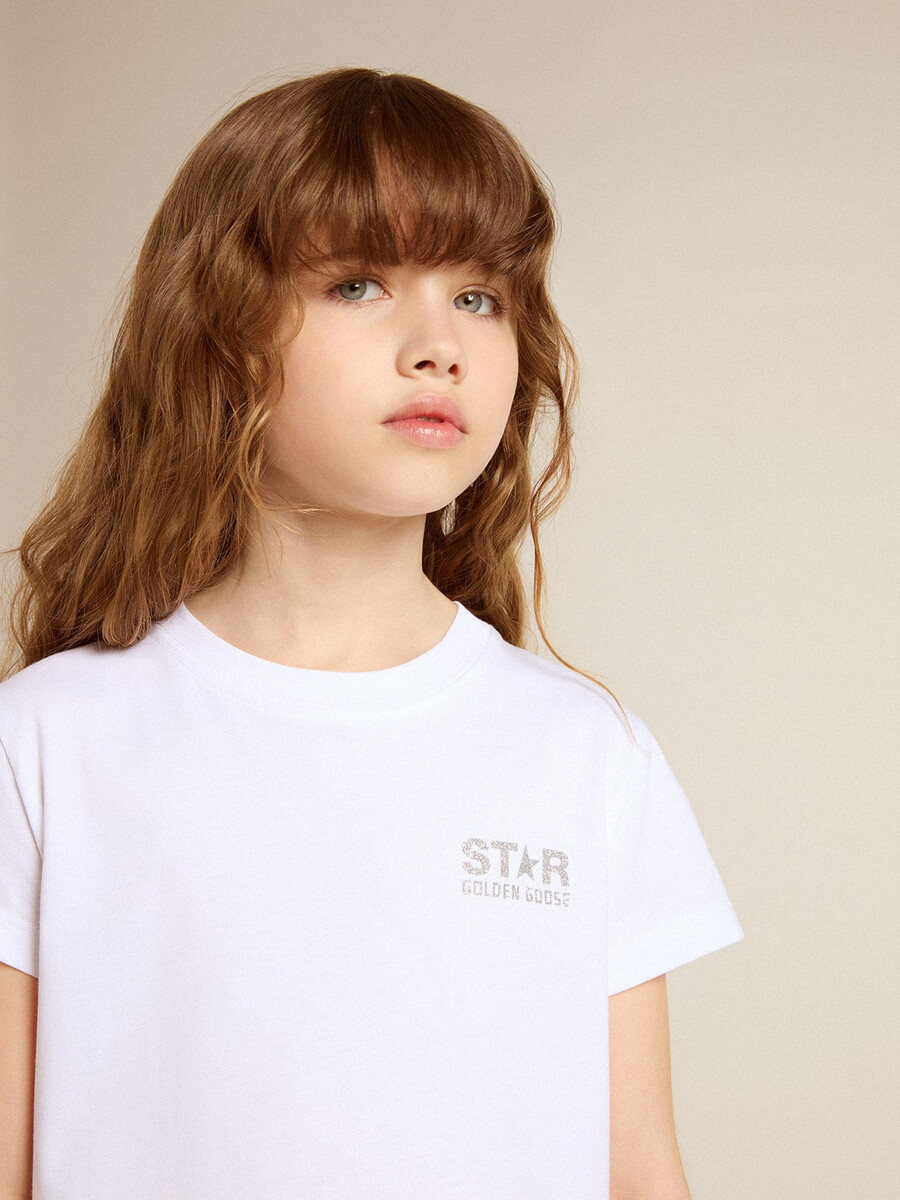 wit en zilverkleurig t-shirt met logo en maxi-ster van zilveren glitter.