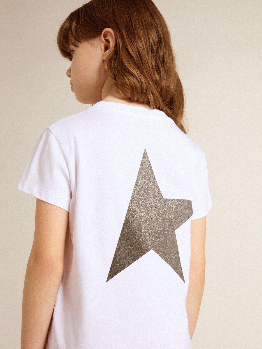 wit en zilverkleurig t-shirt met logo en maxi-ster van zilveren glitter.