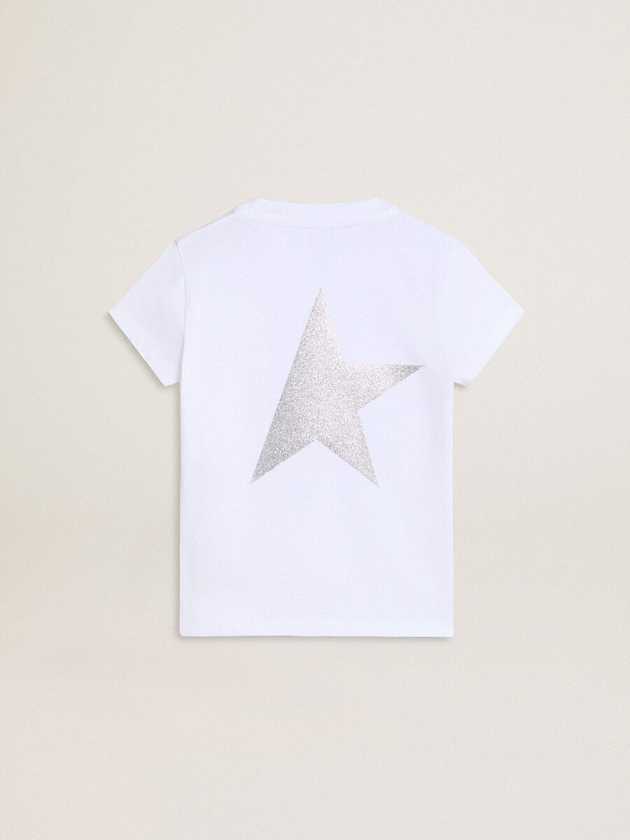 wit en zilverkleurig t-shirt met logo en maxi-ster van zilveren glitter.