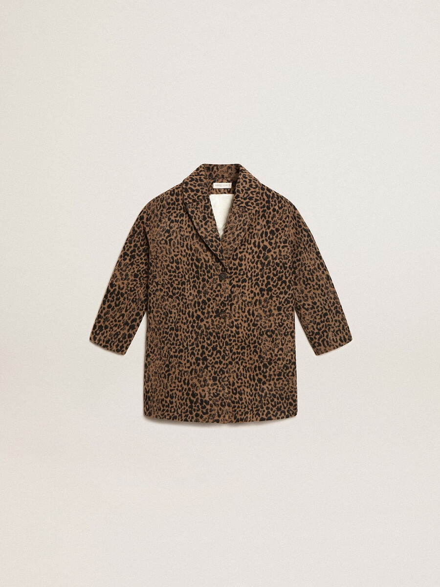 damesjas met enkele rij knopen van wol met jacquard dierenprint.