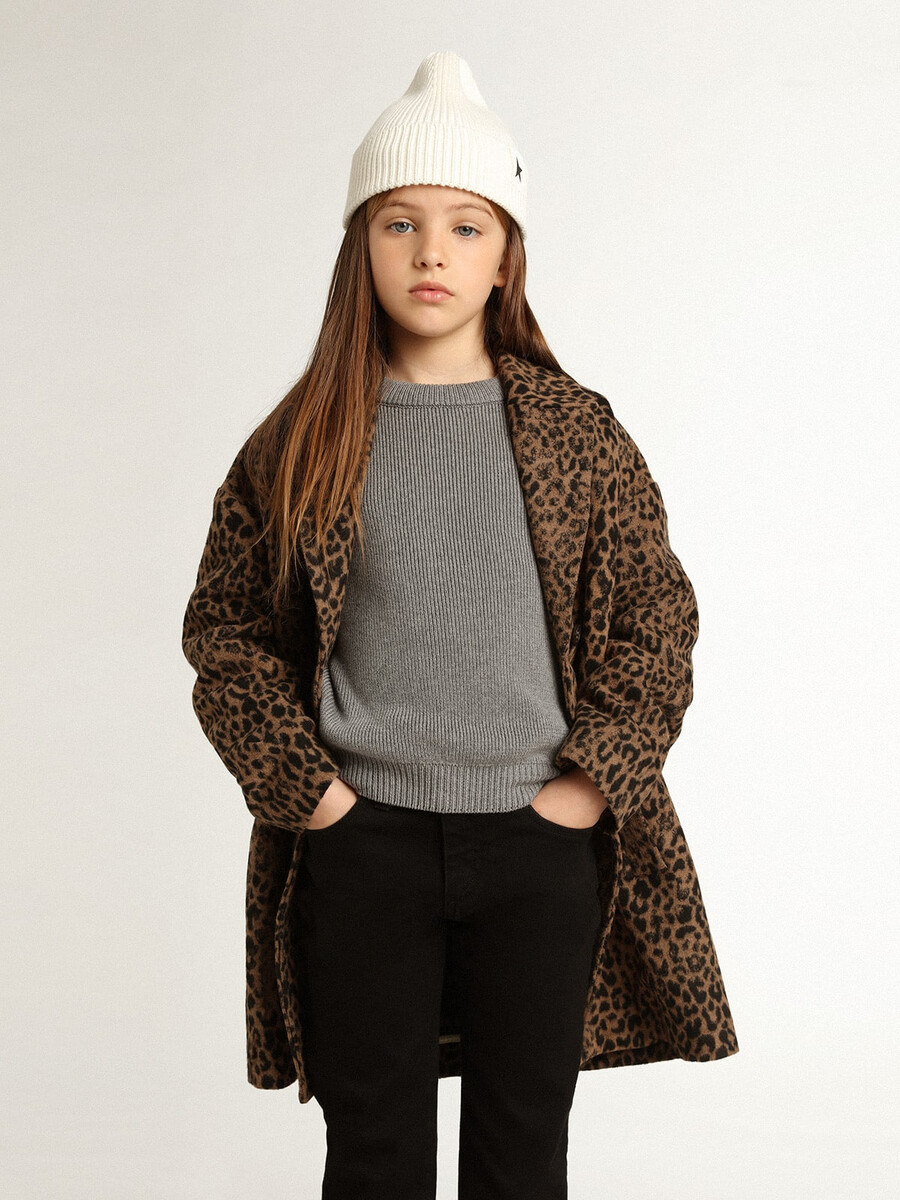 damesjas met enkele rij knopen van wol met jacquard dierenprint.
