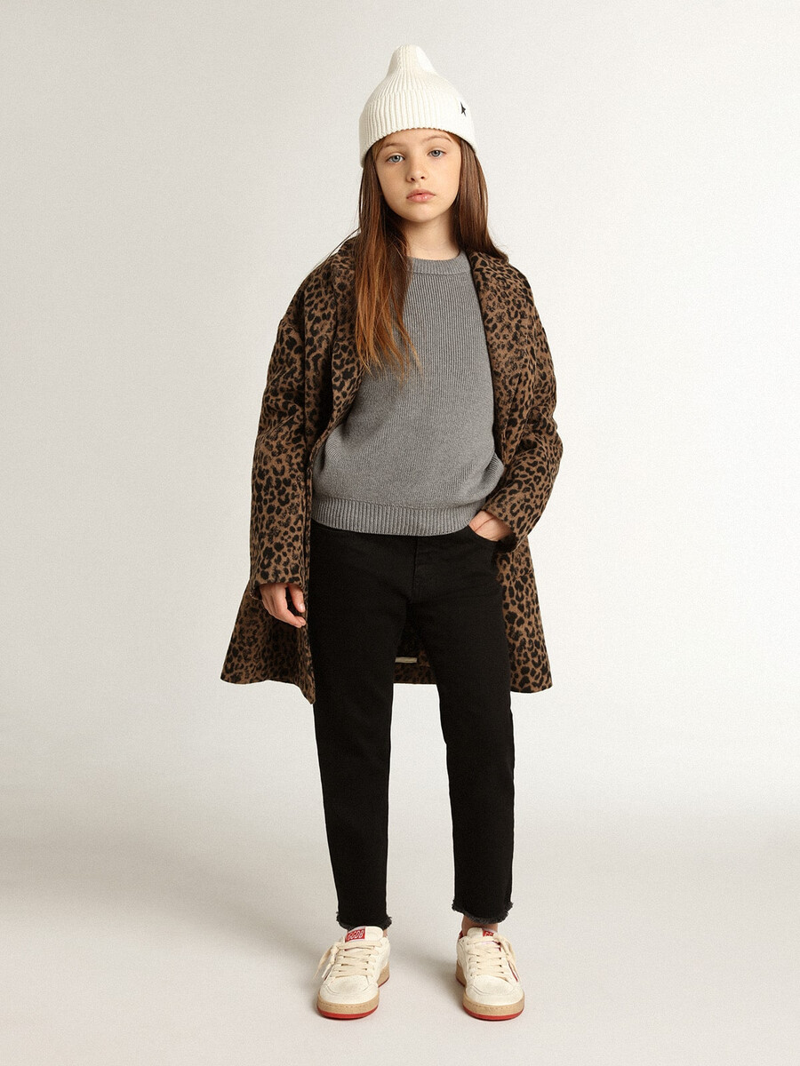 damesjas met enkele rij knopen van wol met jacquard dierenprint.