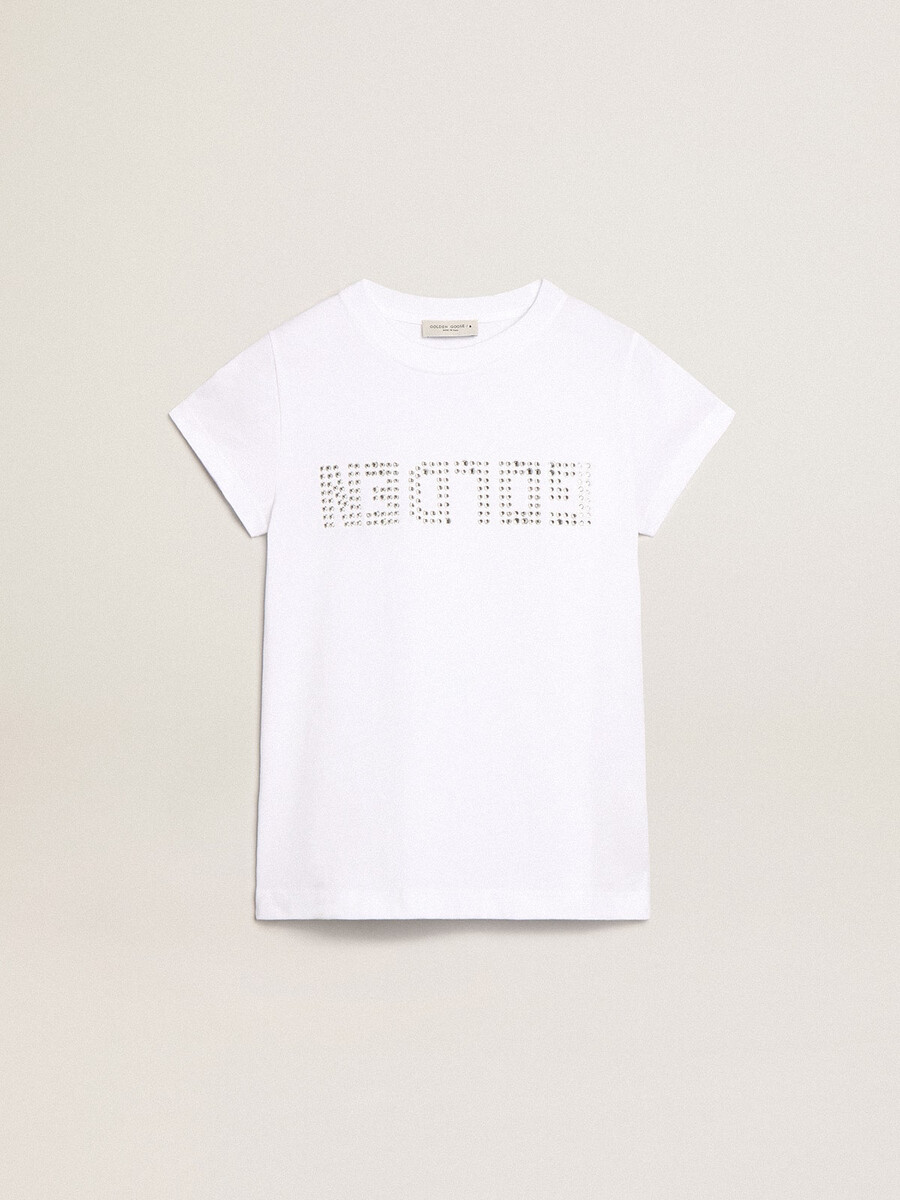 wit t-shirt met gouden letters in het midden uitgevoerd in kristallen.