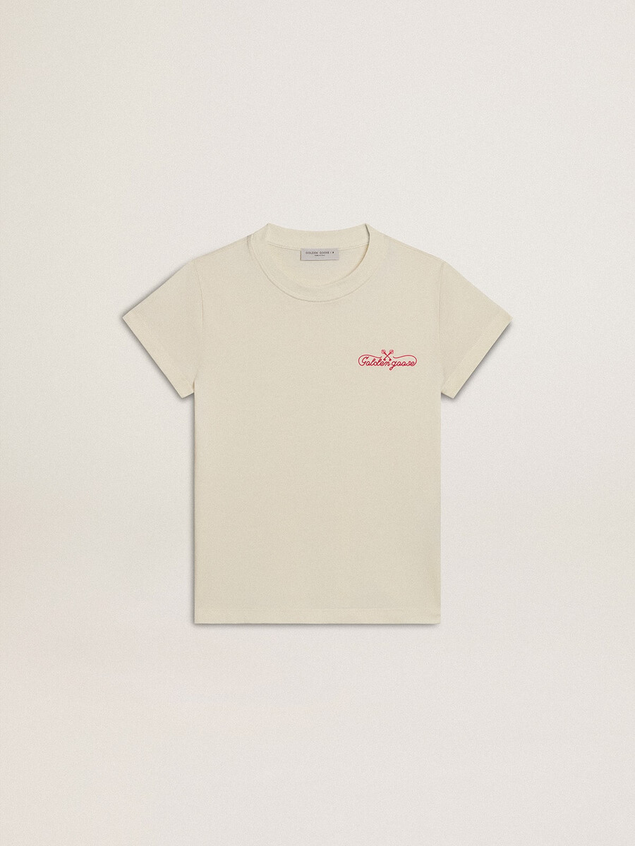 meisjes t-shirt van katoen in versleten wit met rode borduursels op de borst.