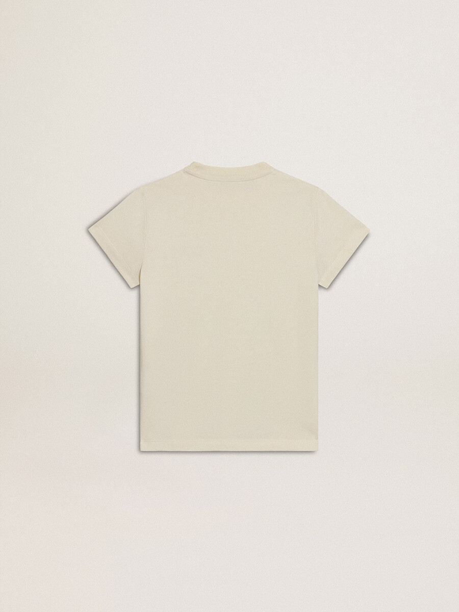meisjes t-shirt van katoen in versleten wit met rode borduursels op de borst.