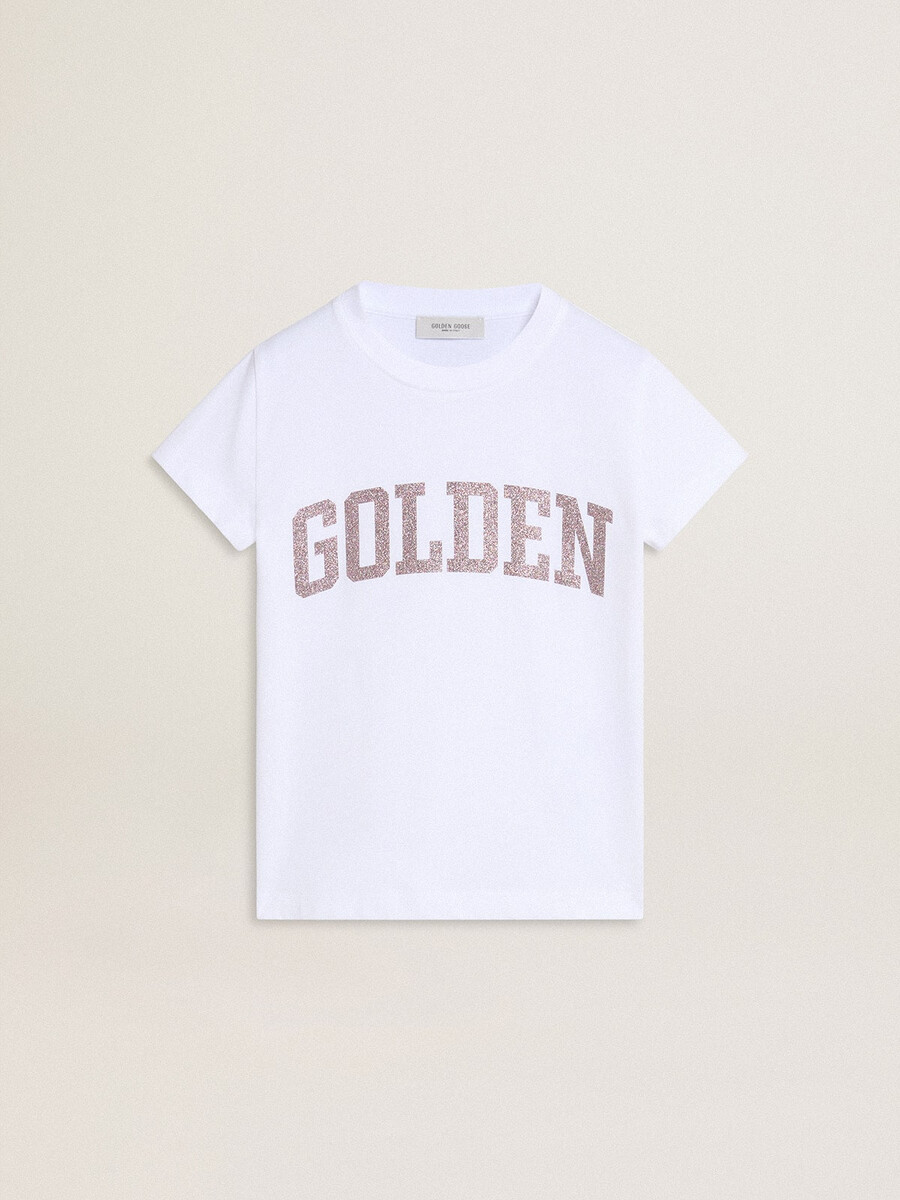 wit t-shirt voor meisjes met roze glitter en gouden letters.