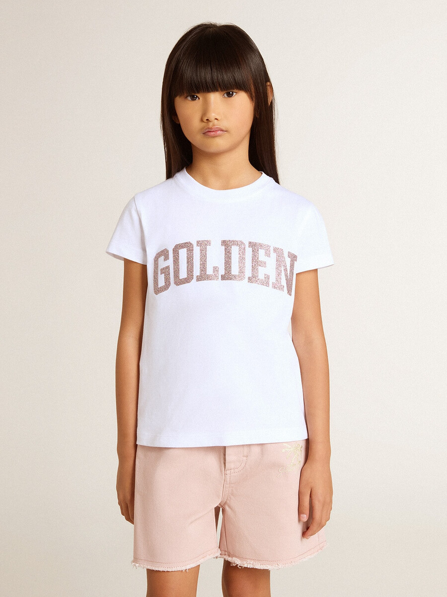 wit t-shirt voor meisjes met roze glitter en gouden letters.