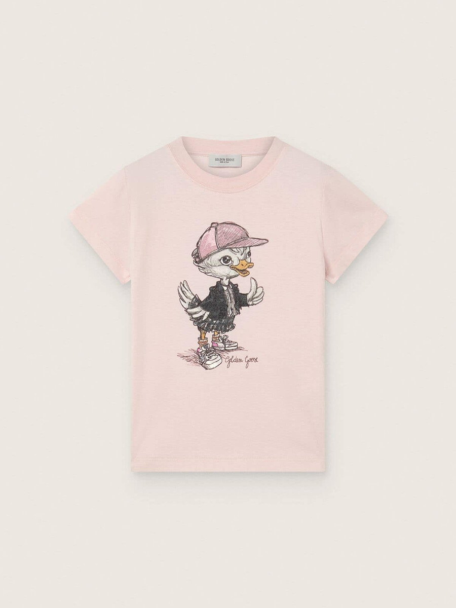 journey t-shirt voor meisjes in roze katoenen jersey met digitale mascotteprint.
