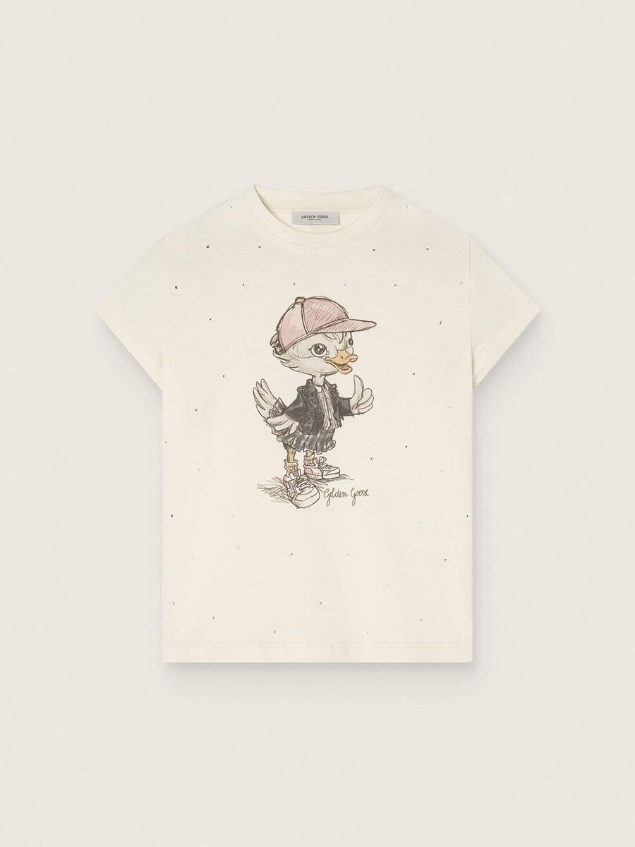 journey t-shirt voor meisjes in witte katoenen jersey met digitale mascotteprint en kristallen applicaties.
