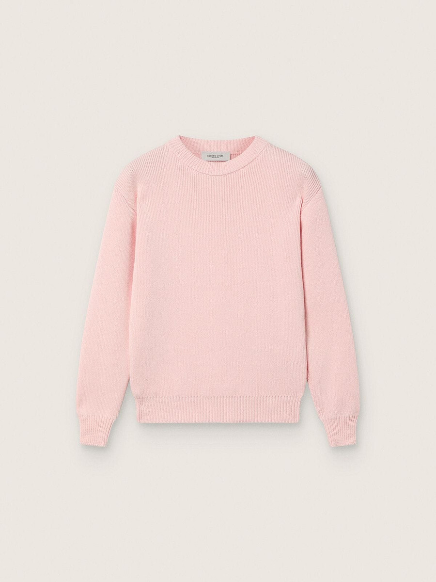 unisex roze geribbelde trui van golden voor kinderen met golden-logo op de achterkant.