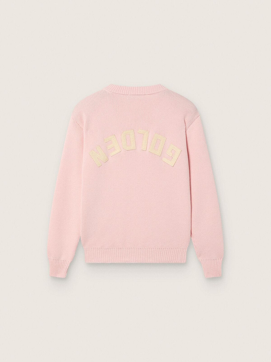 unisex roze geribbelde trui van golden voor kinderen met golden-logo op de achterkant.