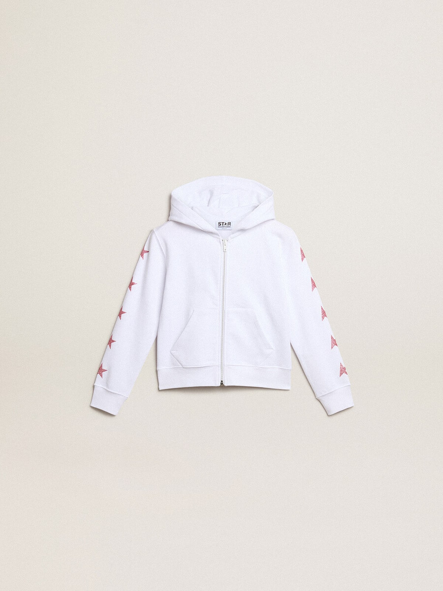wit sweatshirt met rits voor meisjes versierd met glittersterretjes op de mouwen.