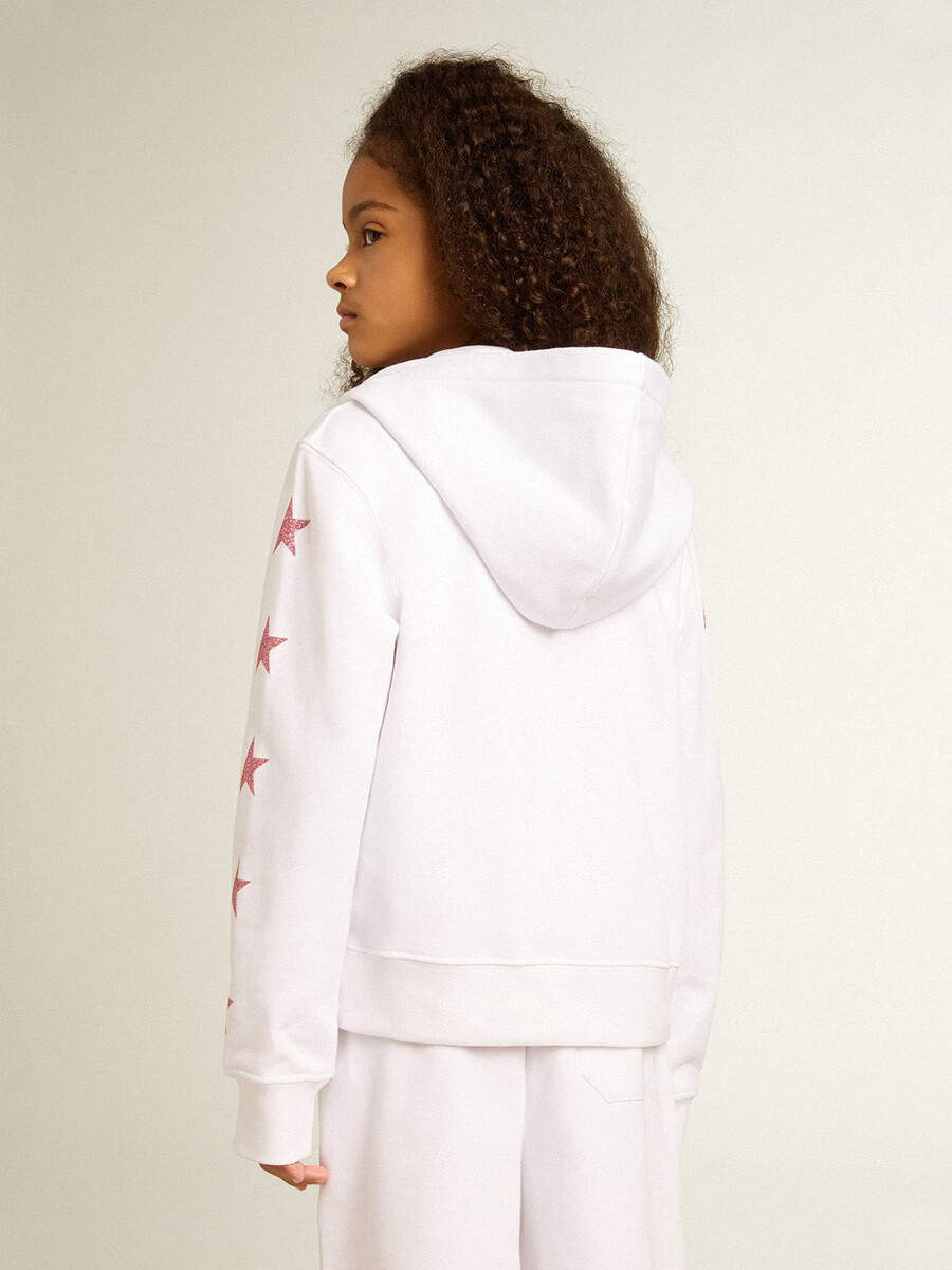 wit sweatshirt met rits voor meisjes versierd met glittersterretjes op de mouwen.