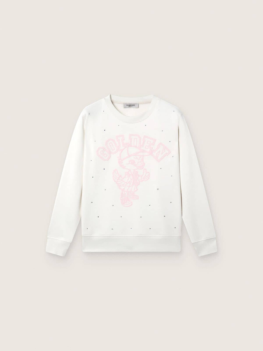 witte katoenen sweater met ronde hals voor meisjes met mascotteprint en kristallen applicaties.