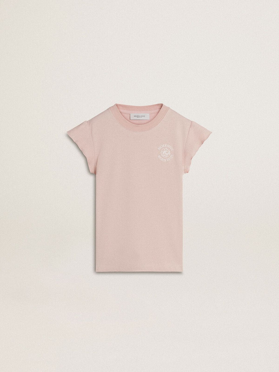 roze t-shirt voor meisjes met ruchesmouwen en borduurwerk.
