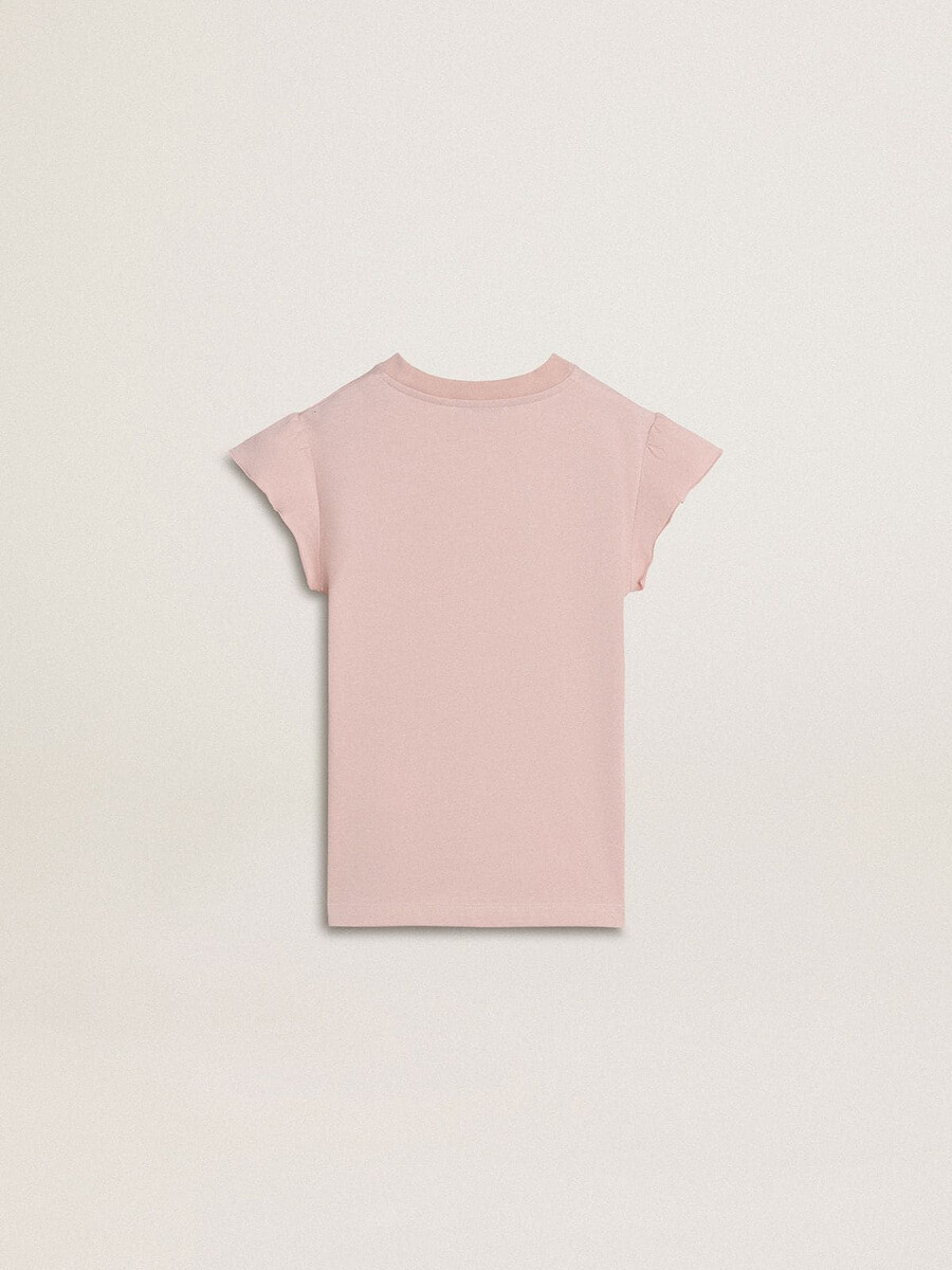 roze t-shirt voor meisjes met ruchesmouwen en borduurwerk.