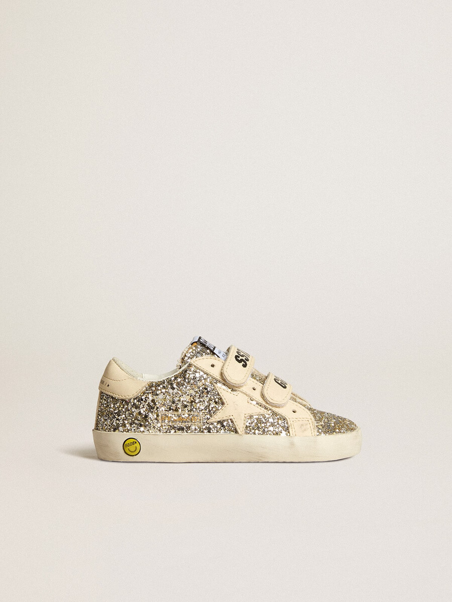 old school junior in platina glitter met leren ster en hielstuk.