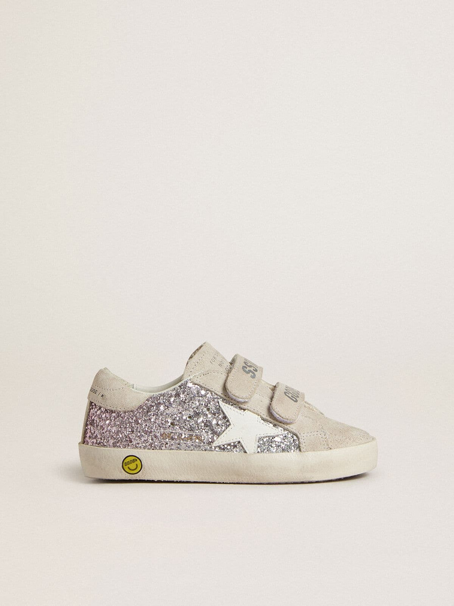junior old school in zilver en roze glitter met witte leren ster