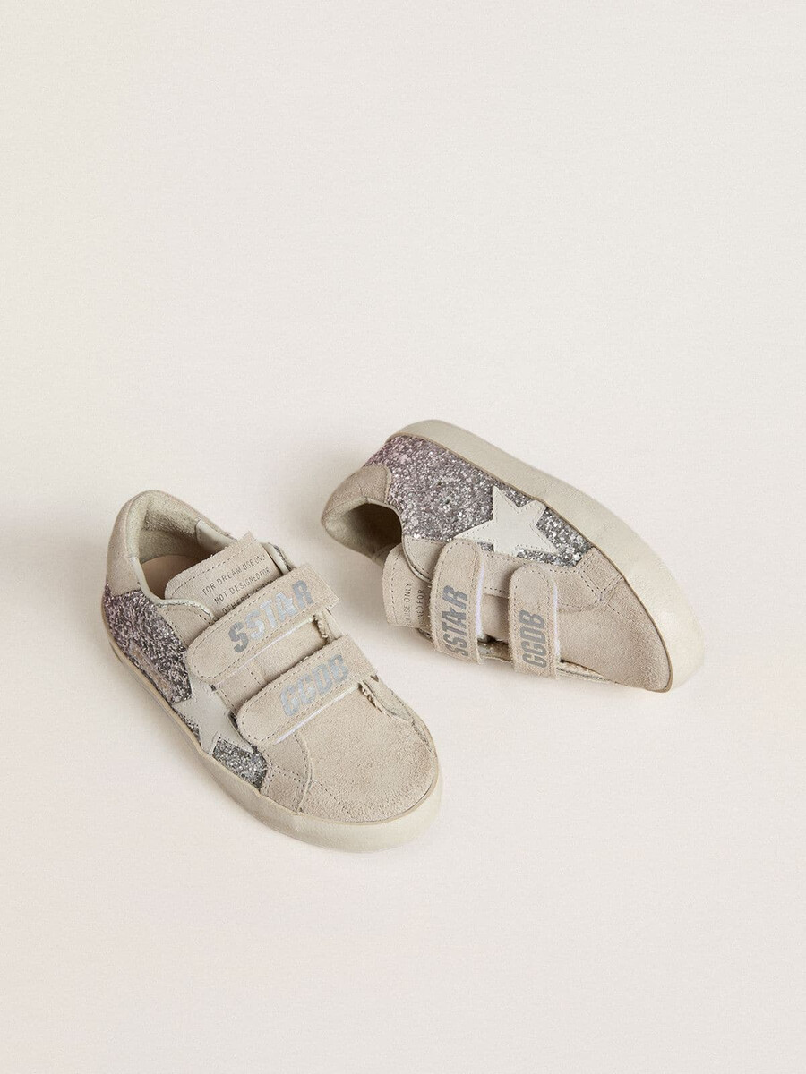 junior old school in zilver en roze glitter met witte leren ster