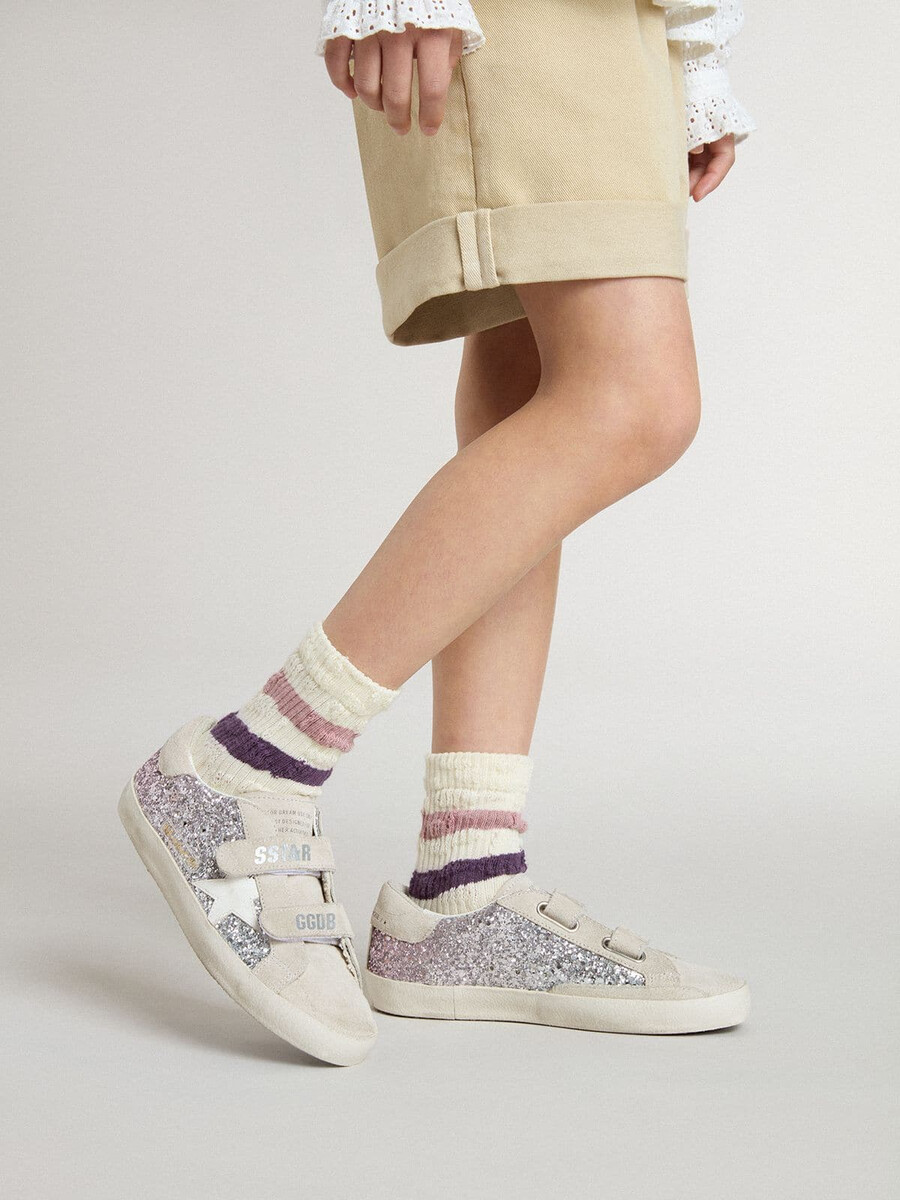 junior old school in zilver en roze glitter met witte leren ster