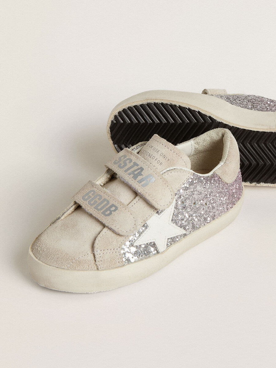 junior old school in zilver en roze glitter met witte leren ster