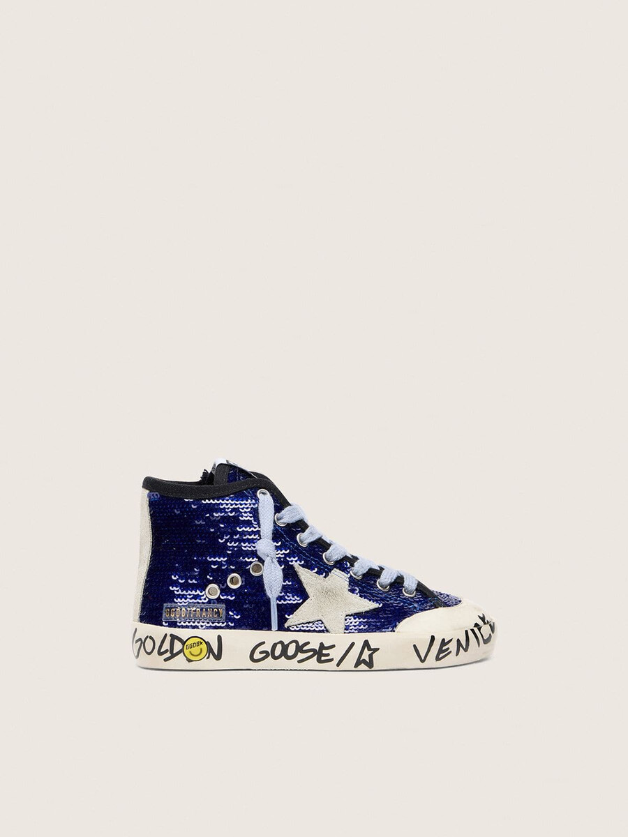 junior francy penstar in blauwe pailletten met witte suède ster