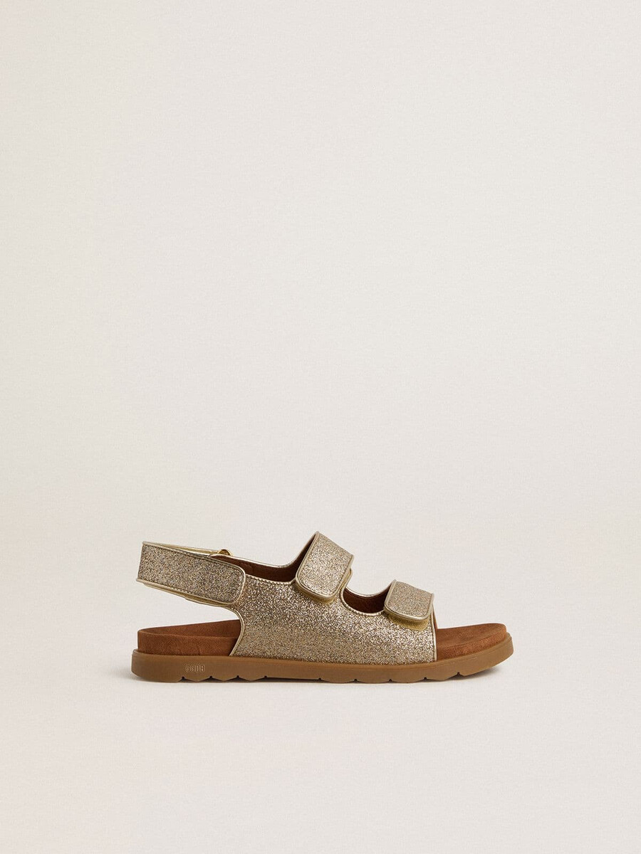 noa junior sandalen met microglitter en platinakleurig leer