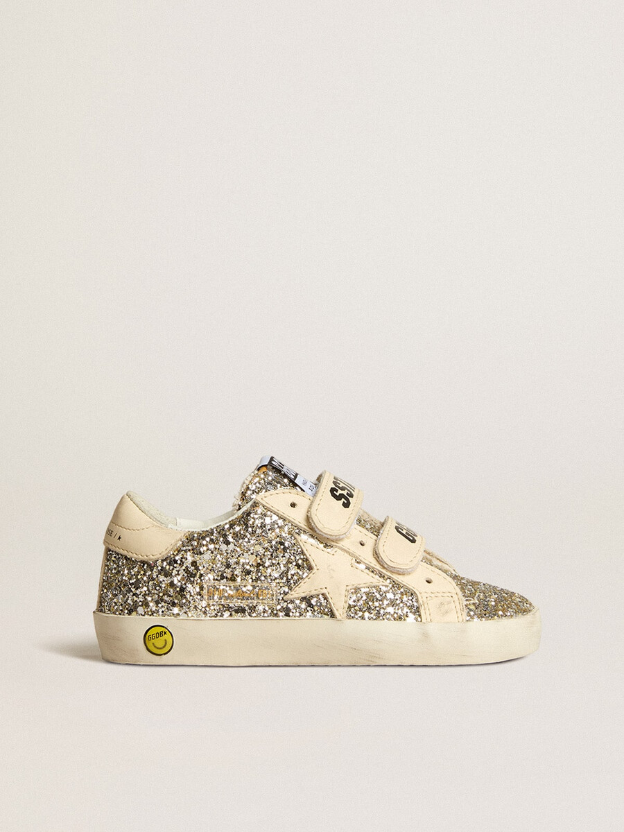 old school young in platina glitter met leren ster en hielstuk.