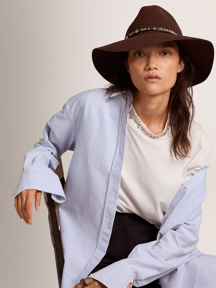 dames fedora hoed met studs in bruin