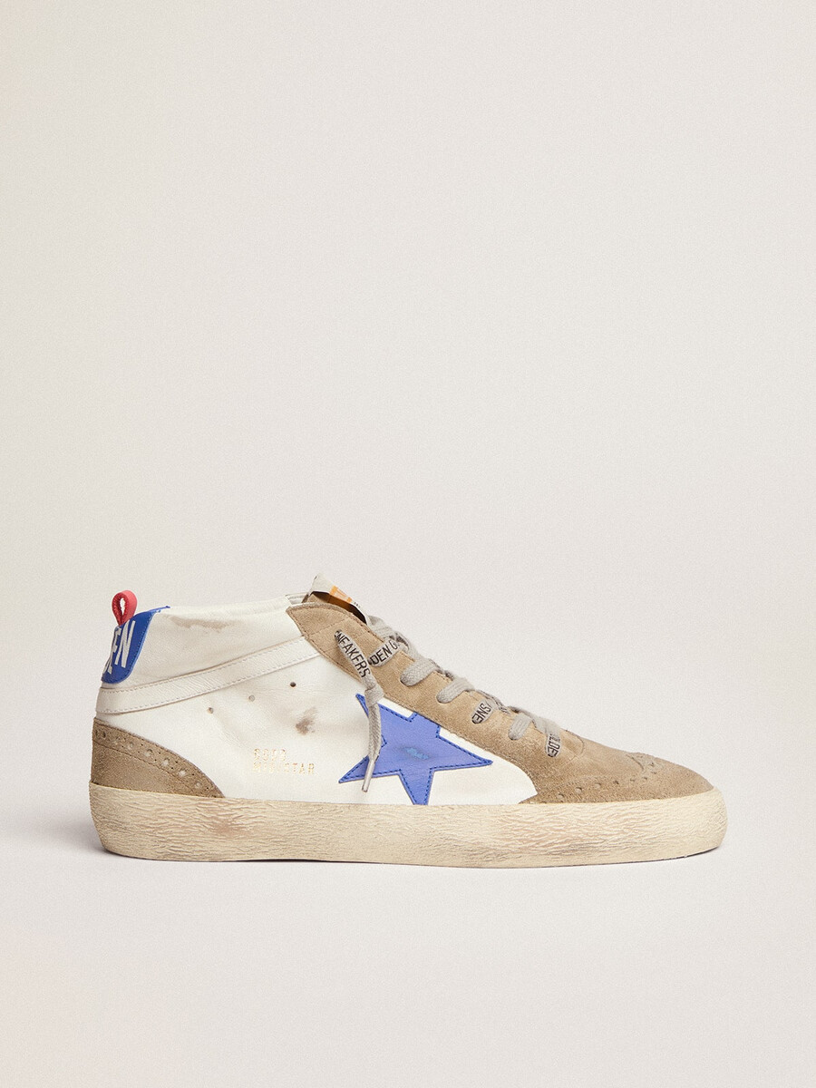 heren mid star met blauwe leren ster en duifgrijze suède inzetstukken.