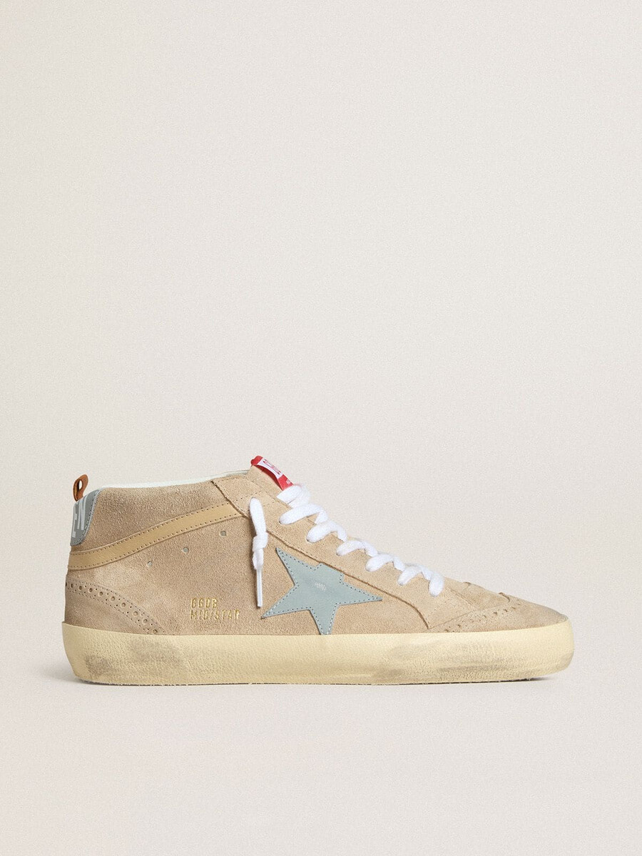heren mid star in beige suède met lichtblauwe leren ster en hielstuk