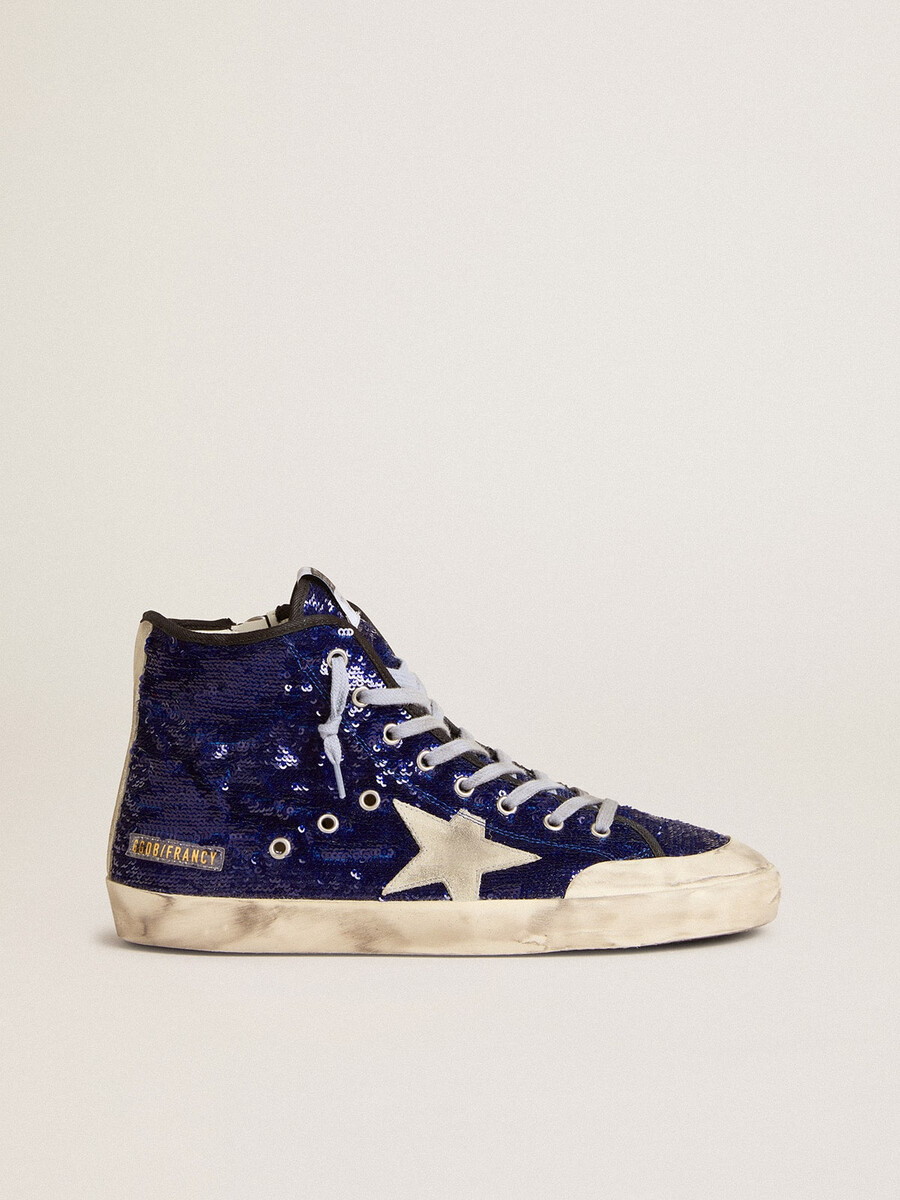 damessandalen van francy penstar met felblauwe pailletten en een ijsgrijze suède ster.