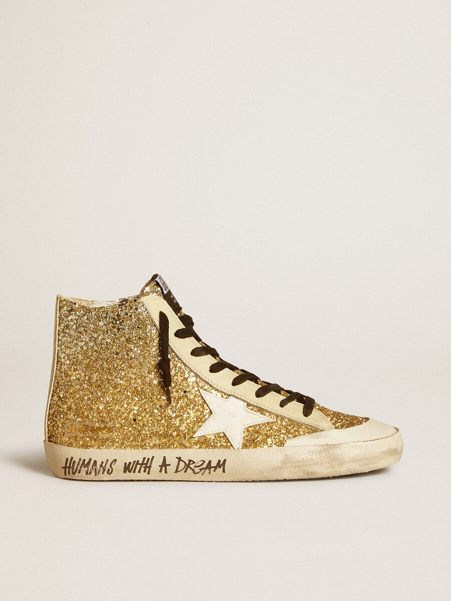 francy penstar in goudkleurige glitter met witte leren ster