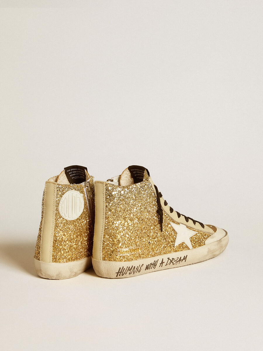 francy penstar in goudkleurige glitter met witte leren ster