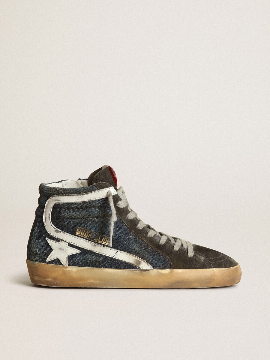 schuif in middernachtblauwe denim met witte leren ster