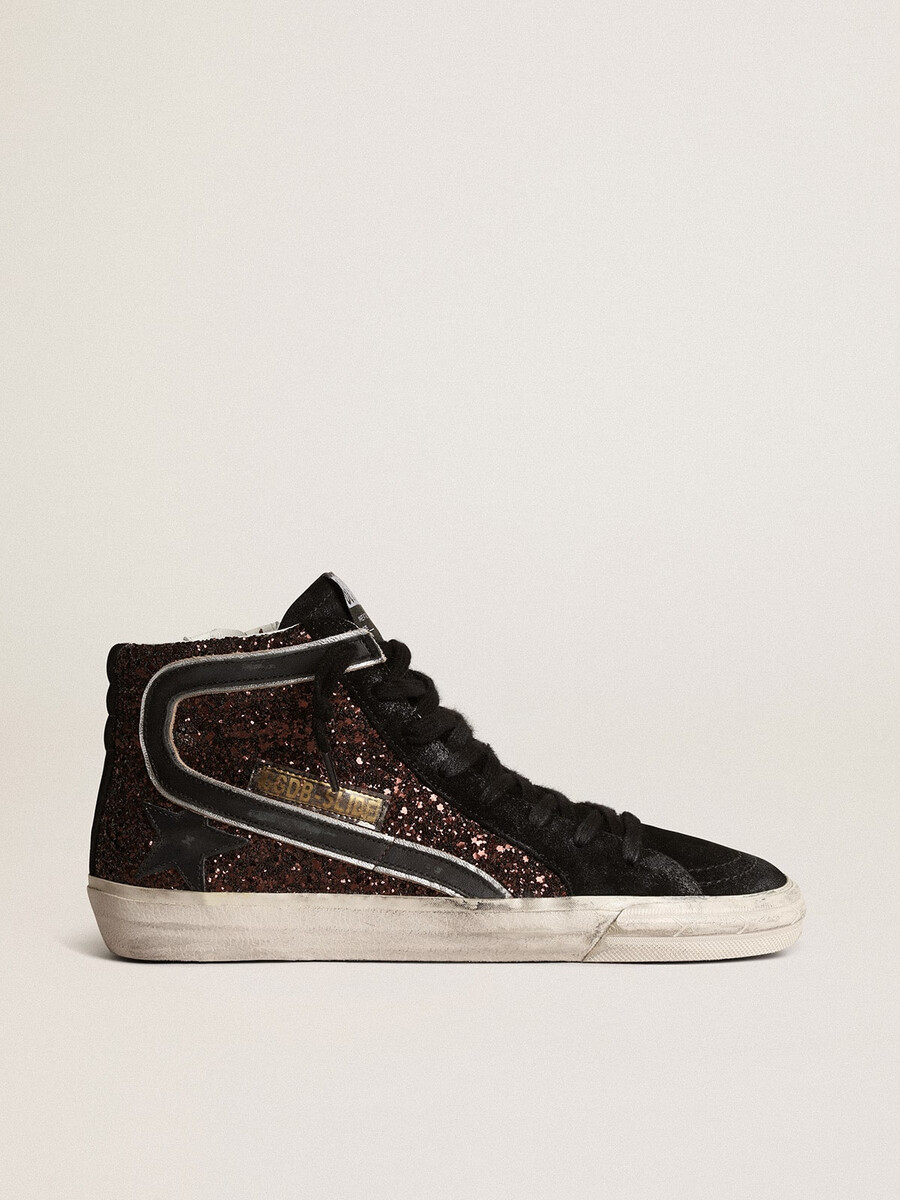 instappers met bruine glitter zwarte leren ster en glitteraccenten.