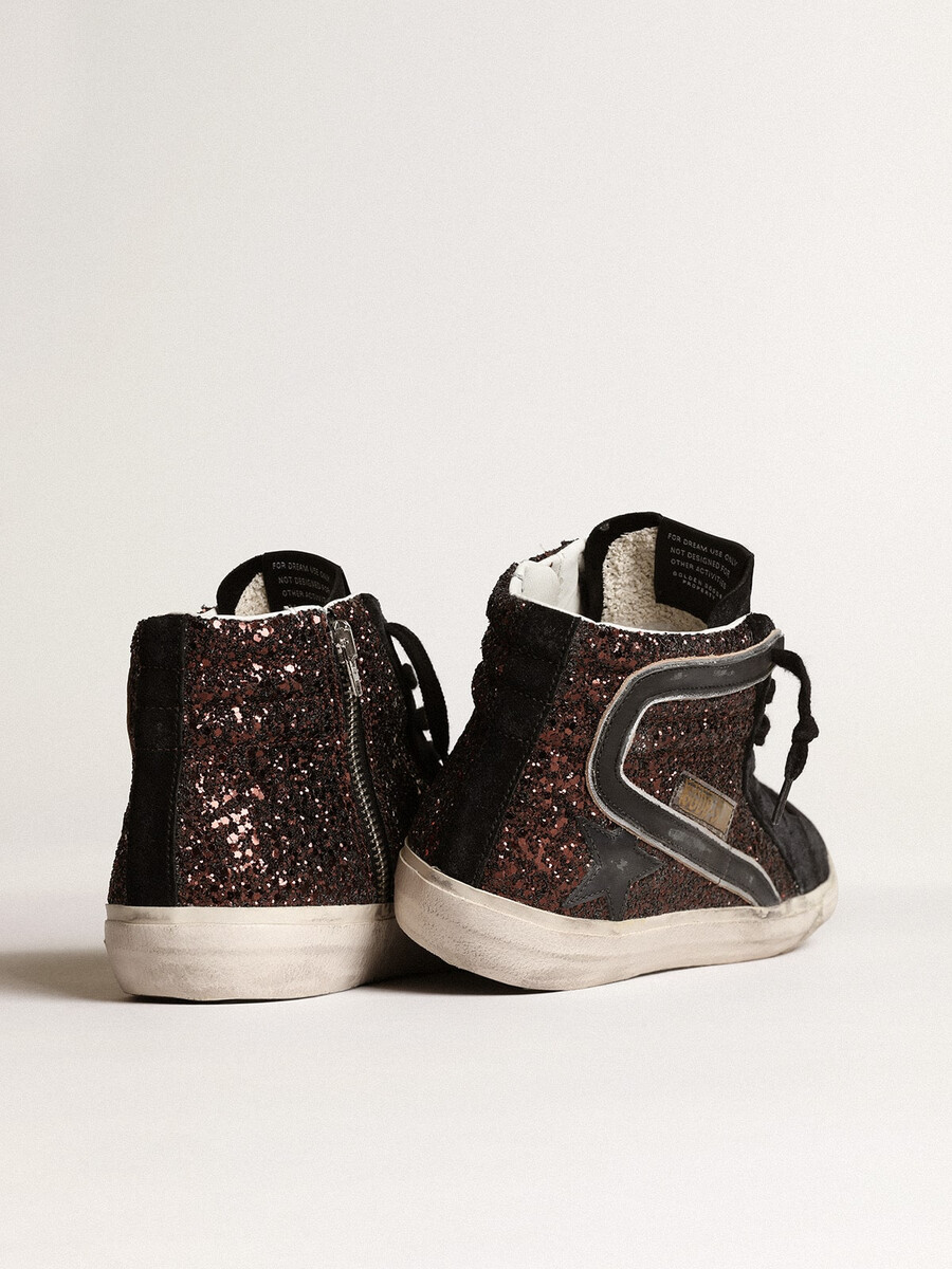 instappers met bruine glitter zwarte leren ster en glitteraccenten.