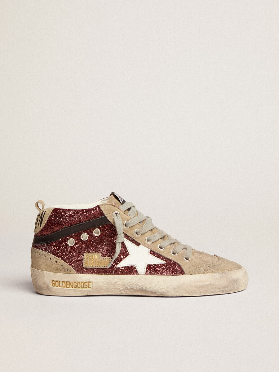 dames mid star in bordeauxrode glitter met grijze accenten en witte ster