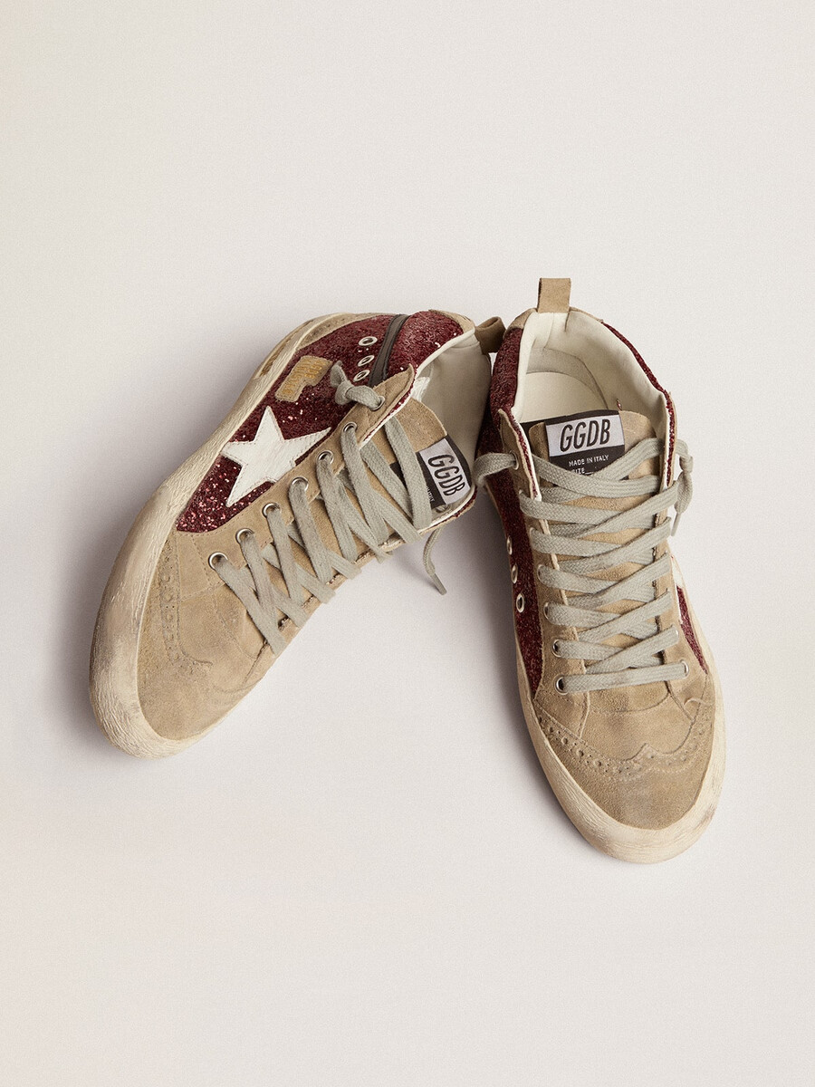 dames mid star in bordeauxrode glitter met grijze accenten en witte ster