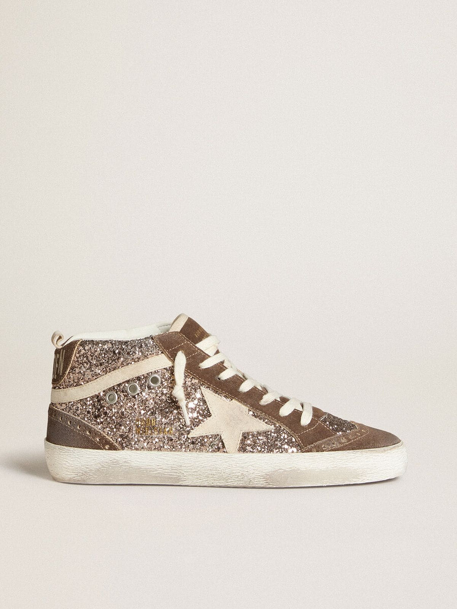 dames mid star in glitter met parelmoer suède ster en bruine suède inzetstukken.
