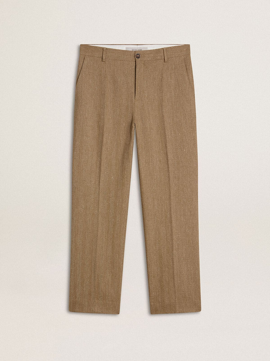 getailleerde broek van een zandkleurige linnenmix met chevronpatroon.