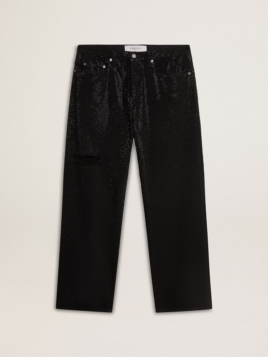 zwarte herenjeans met een losse pasvorm en een kristallen afwerking met kleurverloop.