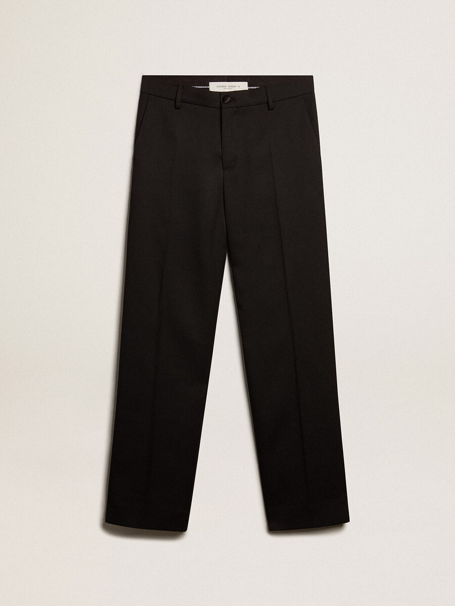 smokingbroek voor heren van zwarte wollen gabardine.