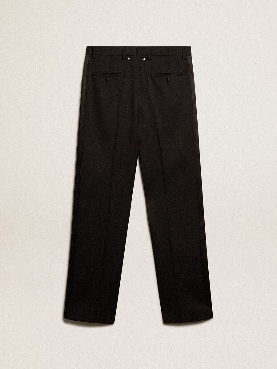 smokingbroek voor heren van zwarte wollen gabardine.