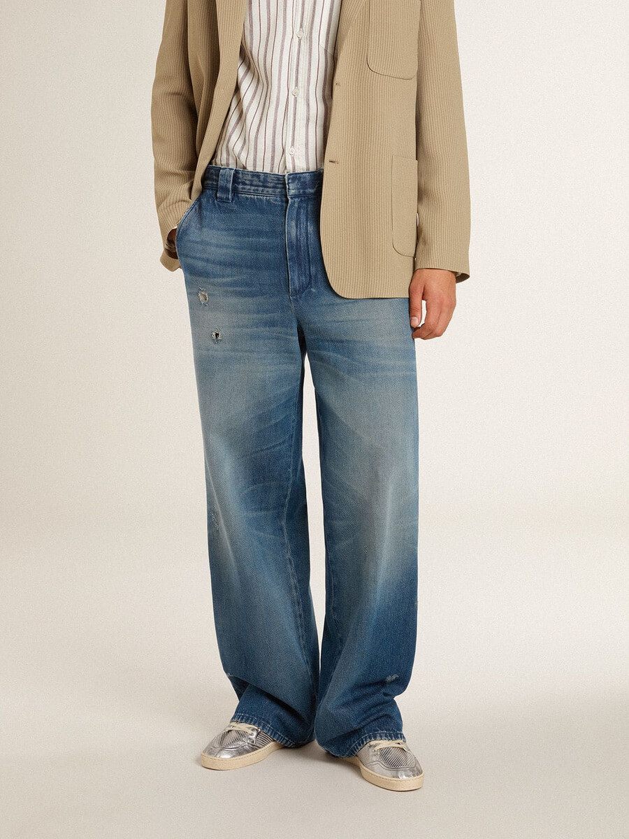 heren denim chinos met een verwassen look.